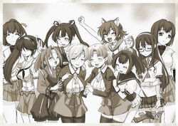  6+girls akizuki_(kancolle) chitose_(kancolle) chiyoda_(kancolle) closed_eyes greyscale highres hyuuga_(kancolle) ise_(kancolle) isuzu_(kancolle) kantai_collection long_hair looking_to_the_side monochrome multiple_girls no_eyes ooyodo_(kancolle) photo_(object) shimamoto_harumi smile tama_(kancolle) zuihou_(kancolle) zuikaku_(kancolle) 