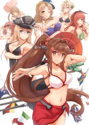  6+girls american_flag ark_royal_(kancolle) australian_flag bad_id bad_twitter_id bikini bismarck_(kancolle) black_bikini black_one-piece_swimsuit blonde_hair blue_bikini blue_eyes blush braid braided_bun breasts brown_eyes brown_hair closed_mouth collarbone de_ruyter_(kancolle) eyewear_on_head flower french_braid german_flag green_bikini green_eyes hair_between_eyes hair_bun hair_flower hair_ornament hat highres houston_(kancolle) houston_kai_(kancolle) houston_kai_(swimsuit_mode)_(kancolle) italian_flag k_jie kantai_collection large_breasts long_hair low_twintails military_hat multiple_girls navel oil-paper_umbrella one-piece_swimsuit one_eye_closed peaked_cap perth_(kancolle) pink_flower ponytail purple_eyes red_hair red_sarong red_umbrella sarong short_hair simple_background smile sunglasses swedish_flag swimsuit tashkent_(kancolle) twintails umbrella union_jack white_background white_bikini yamato_(kancolle) 