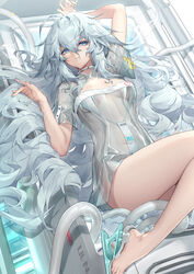  absurdres arm_up awakening_(neural_cloud) bare_legs bare_shoulders barefoot blue_eyes breasts dress feet female florence_(neural_cloud) foot_out_of_frame girls&#039;_frontline girls&#039;_frontline_neural_cloud grey_hair hair_between_eyes hair_spread_out high_heels highres large_breasts long_hair looking_at_viewer machinery messy_hair official_art pa-15_(girls&#039;_frontline) parted_lips see-through shanyao_jiang_tororo slingshot_swimsuit solo swimsuit swimsuit_under_clothes thighs toenails toes very_long_hair white_background white_dress white_footwear 