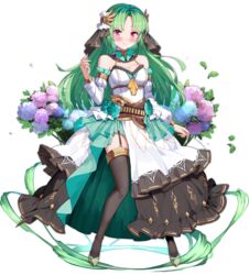  aqua_flower ark_order belt black_thighhighs blue_flower blush breasts brown_belt brown_sash chains detached_sleeves dress dress_flower female flower full_body garter_straps gold_chain gold_trim green_hair hair_ornament holding holding_string hydrangea lachesis_(ark_order) leaf long_hair long_sleeves looking_at_viewer official_art parted_bangs pink_eyes puffy_long_sleeves puffy_sleeves purple_flower shoes smile solo string tachi-e thighhighs transparent_background variant_set white_dress 