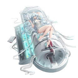  absurdres arm_up awakening_(neural_cloud) bare_legs bare_shoulders barefoot blue_eyes breasts dress feet female florence_(neural_cloud) girls&#039;_frontline girls&#039;_frontline_neural_cloud grey_hair hair_between_eyes high_heels highres large_breasts long_hair looking_at_viewer machinery messy_hair official_art pa-15_(girls&#039;_frontline) parted_lips see-through shanyao_jiang_tororo slingshot_swimsuit solo swimsuit swimsuit_under_clothes thighs toenails toes very_long_hair white_background white_dress white_footwear 