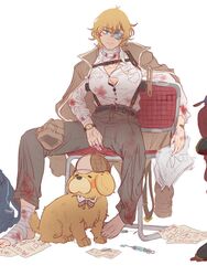  bandaged_hand bandaged_leg bandages bandaid blonde_hair blood blood_on_clothes blood_on_face blood_on_hands blue_eyes breasts bruise bubba_(watson_amelia) collared_shirt detective dhominic25 female highres hololive hololive_english injury large_breasts monocle shirt short_hair solo syringe virtual_youtuber watch watson_amelia watson_amelia_(1st_costume) white_shirt wristwatch 