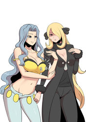  2girls absurdres arm_grab bare_arms bare_shoulders black_coat black_eyes black_pants blonde_hair blue_eyes blue_hair breast_press breasts camisole capri_pants cleavage coat collarbone crop_top cynthia_(pokemon) fur-trimmed_coat fur_collar fur_trim grey_eyes grey_hair hair_over_breasts hair_over_one_eye hand_on_another&#039;s_arm highres karen_(pokemon) large_breasts light_blue_hair long_hair long_sleeves midriff multiple_girls navel pants parted_bangs pokemon pokemon_dppt pokemon_hgss spaghetti_strap straight_hair teeth vmfhaldnjfem wavy_hair white_pants yellow_camisole 