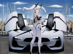  absurdres alternate_costume alternate_hair_length alternate_hairstyle architecture ass azur_lane backless_outfit bare_back bare_shoulders black_footwear black_gloves black_sports_bra blue_sky boat breasts brick_road butterfly_doors car cathedral character_name charm_(object) checkered_clothes citroen closed_umbrella cloud cloudy_sky copyright_name country_connection day detached_collar detached_sleeves earrings elbow_gloves eyelashes eyeliner female france from_behind full_body gloves greco-roman_architecture gt_by_citroen hair_between_eyes hair_ornament halterneck hand_up harbor high_heels highleg highres holding holding_key holding_umbrella jewelry joffre_(azur_lane) kcar66t key license_plate long_hair looking_at_viewer looking_back makeup marina marseille medium_breasts midriff motor_vehicle mountainous_horizon notre_dame_de_la_garde outdoors pantyhose print_pantyhose product_placement race_queen real_world_location red_eyeliner sailboat shiny_clothes shoulder_blades sideboob sidelocks skin_tight skindentation sky solo sparkle_hair_ornament sparkle_print sports_bra sports_car star_(symbol) star_earrings strappy_heels thighs tight_clothes twintails two-tone_bodysuit two-tone_gloves umbrella vichya_dominion_(emblem) vieux-port_de_marseille water watercraft white_gloves white_hair 