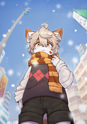  :&lt; absurd_res accessory ahoge anthro biped blonde_hair bottomwear building city clothed clothing day detailed_background dipstick_ears domestic_cat ear_markings feather_in_hair feathers felid feline felis front_view fully_clothed fur hair hair_accessory hi_res kemono looking_at_viewer low-angle_view male mammal monotone_hair mrshu multicolored_body multicolored_ears multicolored_fur orange_body orange_fur outside portrait scarf shirt short_hair shorts sky snow snowing solo standing three-quarter_portrait topwear two_tone_body two_tone_ears two_tone_fur vest white_body white_clothing white_fur white_shirt white_topwear yellow_eyes 