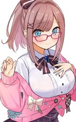  :3 alternate_hairstyle aqua_nails bespectacled blue_eyes bow bowtie breasts brooch brown_hair cardigan center_frills choco_tanuki collared_shirt female frills glasses hair_ornament hairbow hand_on_own_chest highres jewelry large_breasts long_sleeves looking_at_viewer medium_hair nijisanji pink-framed_eyewear pink_cardigan ponytail shirt simple_background skirt smile solo striped_bow striped_clothes striped_skirt suzuhara_lulu suzuhara_lulu_(1st_costume) upper_body vertical-striped_clothes vertical-striped_skirt virtual_youtuber white_background white_shirt x_hair_ornament 