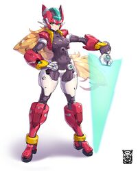  absurdres aile_(mega_man_zx) android blonde_hair breasts female green_eyes helmet highres holding holding_sword holding_weapon korean_commentary legs_apart long_hair looking_at_viewer mar10 medium_breasts mega_man_(series) mega_man_zx model_zx_(mega_man) open_hand red_helmet science_fiction shadow solo sword very_long_hair weapon white_background 