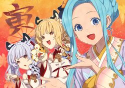  3girls animal_ears animal_hands bai_(granblue_fantasy) beads blonde_hair blue_eyes blue_hair claw_pose detached_sleeves dress erune fangs gloves granblue_fantasy grey_hair hair_beads hair_ornament huang_(granblue_fantasy) japanese_clothes kimono long_hair looking_at_viewer lyria_(granblue_fantasy) mifuta multiple_girls open_mouth orange_eyes parted_bangs paw_gloves sidelocks sleeveless sleeveless_dress smile tiger_ears turtleneck turtleneck_dress twintails upper_body 