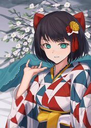  aqua_eyes black_hair bow female flower hair_ornament hairbow highres hololive japanese_clothes kanzashi kimono looking_at_viewer miyasato_s official_alternate_costume official_alternate_hairstyle oozora_subaru oozora_subaru_(new_year) parted_lips short_hair solo swept_bangs tassel tassel_hair_ornament triangle_print upper_body uroko_(pattern) virtual_youtuber yukata 