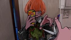  bags_under_eyes black_choker black_sweater cellphone choker commentary_request female fingernails frilled_shirt_collar frills grey_eyes highres holding holding_phone holding_scissors indoors long_bangs long_sleeves looking_at_viewer mirror one_eye_covered orange_hair original oshio_(shioqqq) parted_lips phone pov pov_hands print_sweater reflection scissors selfie short_hair smartphone smile solo standing sticker sweater taking_picture upper_body 