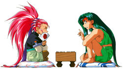  1990s_(style) 2girls barefoot board_game closed_eyes crop_top cropped_shirt earrings folding_fan green_hair grin hakubi_washuu hand_fan headband high_ponytail highres holding holding_fan indian_style japanese_flag jewelry long_hair long_sleeves makibi_kiyone multiple_girls non-web_source official_art on_pillow pantyhose photoshop_(medium) purple_hair retro_artstyle shirt shogi simple_background sitting sleeveless sleeveless_shirt smile tenchi_muyou! tenchi_muyou!_uchuu_hen very_long_hair white_background 