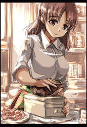  blouse box breasts brown_eyes brown_hair chiyoda_(kancolle) female food hakama hakama_short_skirt hakama_skirt highres holding holding_food japanese_clothes kantai_collection katsuobushi kitchen large_breasts looking_at_object medium_hair seitei_(04seitei) shirt signature skirt smile 