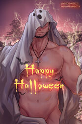  1boy abs avenger_(dungeon_and_fighter) bara bare_pectorals beard cloak cowboy_shot dungeon_and_fighter facial_hair ghost_costume ghost_print groin halloween_costume happy_halloween highres kulolin large_pectorals looking_at_viewer male_focus male_priest_(dungeon_and_fighter) male_pubic_hair mature_male muscular muscular_male naked_cloak navel nipples pectorals pubic_hair pubic_hair_peek red_eyes seductive_smile sheet_ghost short_hair smile smirk solo stomach undressing 