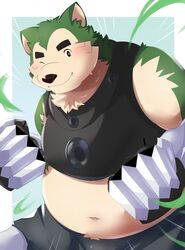  2022 absurd_res anthro belly big_belly black_nose blush canid canine canis clothed clothing cute_fangs domestic_dog green_body hi_res kemono lifewonders live_a_hero male mammal mokdai navel overweight overweight_male pig_p0318 solo 