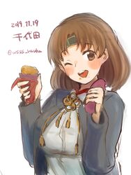  blouse blush breasts brown_eyes brown_hair chiyoda_(kancolle) dated female food headband highres holding holding_food jacket kantai_collection large_breasts medium_hair one_eye_closed shirt signature simple_background smile sweet_potato wss_(nicoseiga19993411) 