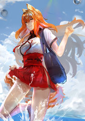  animal_ears bag barefoot breasts fate/extra fate/extra_ccc fate/extra_ccc_fox_tail fate/grand_order fate_(series) female fingernails fox_ears fox_tail jikihatiman large_breasts long_hair orange_eyes orange_hair outdoors school_bag solo splashing suzuka_gozen_(fate) tail water wet wet_clothes 