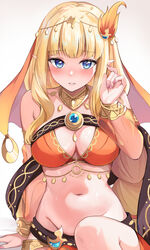  bare_shoulders belly_chain belt bikini blonde_hair blue_eyes blush bracelet breasts brooch circlet cleavage commentary_request dancer elf female fire_hair_ornament hair_ornament highres jewelry konka large_breasts long_hair looking_at_viewer navel neck_ring o-ring official_alternate_costume orange_bikini pointy_ears princess_connect! saren_(princess_connect!) saren_(sarasaria)_(princess_connect!) sarong sidelocks smile solo stomach swimsuit veil 