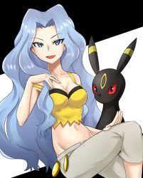  bare_arms bare_shoulders blue_eyes blue_hair breasts camisole capri_pants cleavage crop_top female highres karen_(pokemon) light_blue_hair long_hair midriff navel open_mouth pants parted_bangs pokemon pokemon_(creature) pokemon_hgss spaghetti_strap umbreon wavy_hair white_pants yellow_camisole yuuki510510 