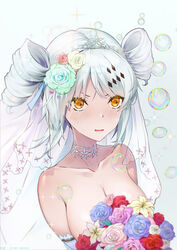  absurdres alternate_costume blue_flower blue_rose blush bouquet breasts bridal_veil chinese_commentary cleavage commentary drill_hair female flower for-miku green_flower green_rose grey_hair hair_flower hair_ornament highres holding holding_bouquet karenina:_ember_(punishing:_gray_raven) karenina_(punishing:_gray_raven) large_breasts lily_(flower) orange_eyes parted_lips pink_flower pink_rose punishing:_gray_raven purple_flower purple_rose rose sidelocks soap_bubbles solo tiara twin_drills veil yellow_flower yellow_rose 