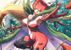  absurdres armpits bare_shoulders black_footwear blonde_hair bodysuit boots breasts brooch cape cleavage clothing_cutout commentary covered_eyes cowboy_shot digimon digimon_(creature) elbow_gloves falling_petals female floating_hair flower gloves green_cape hair_flower hair_ornament highres holding holding_whip jewelry kotatsu_(nukunuku) large_breasts lipstick long_hair low-tied_long_hair makeup mask navel navel_cutout open_mouth petals pillar plant red_bodysuit red_gloves rose_bush rosemon solo standing standing_on_one_leg thigh_boots thorns vine_whip vines whip 