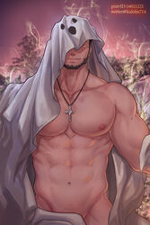  1boy abs aura avenger_(dungeon_and_fighter) bara bare_pectorals beard cloak cowboy_shot cross cross_necklace dungeon_and_fighter facial_hair ghost_costume ghost_print groin halloween_costume highres jewelry kulolin large_pectorals looking_at_viewer male_focus male_priest_(dungeon_and_fighter) male_pubic_hair mature_male muscular muscular_male naked_cloak navel necklace nipples pectorals pubic_hair pubic_hair_peek red_eyes seductive_smile sheet_ghost short_hair smile smirk solo stomach undressing 