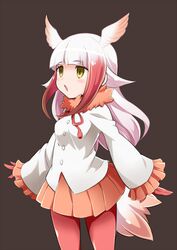  :o blunt_bangs blush commentary_request empty_eyes female fur_collar gloves head_wings japanese_crested_ibis_(kemono_friends) kemono_friends long_hair long_sleeves misashi_(raichi821) multicolored_hair open_mouth orange_skirt pantyhose pleated_skirt red_gloves red_hair red_pantyhose shirt skirt solo tail two-tone_hair white_hair wings yellow_eyes 