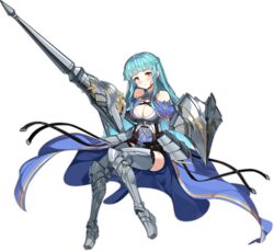  ark_order armor armored_boots artist_request bare_shoulders black_corset black_thighhighs blue_cape blue_hair boots bra braid breasts cape closed_mouth corset female full_body gareth_(ark_order) grey_footwear holding holding_shield holding_weapon large_breasts long_hair official_art shield sitting solo tachi-e thigh_boots thighhighs transparent_background underwear variant_set weapon white_bra yellow_eyes 