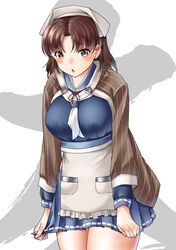  apron blue_sailor_collar blue_skirt blush breasts brown_eyes brown_hair chiyoda_(kancolle) cosplay female jingei_(kancolle) jingei_(kancolle)_(cosplay) kantai_collection large_breasts long_sleeves mayura_(lucadia) medium_hair open_mouth pleated_skirt sailor_collar shawl simple_background skirt solo 