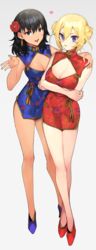  2girls :d alternate_costume andou_(girls_und_panzer) bare_legs black_eyes black_hair blonde_hair blue_dress blue_eyes blue_footwear blush breasts brown_ribbon china_dress chinese_clothes cleavage cleavage_cutout closed_mouth clothing_cutout commentary_request crossed_arms dark-skinned_female dark_skin double_bun dress earrings floral_print flower full_body girls_und_panzer grey_background hair_bun hair_flower hair_ornament hand_on_another&#039;s_shoulder hand_up heart highres jewelry large_breasts looking_at_viewer medium_breasts multiple_girls open_mouth oshida_(girls_und_panzer) print_dress red_dress red_flower red_footwear ribbon short_hair short_sleeves simple_background sleeveless sleeveless_dress smile standing tan_(inka) tassel tassel_earrings 