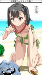  :d :o all_fours barefoot beach beads bikini black_hair blindfold blindfold_pull blurry blurry_background blush breasts brown_eyes cameltoe chestnut_mouth cleavage collarbone commentary_request covered_navel day depth_of_field dragon_quest dragon_quest_iii feet female fighter_(dq3) food front-tie_bikini_top front-tie_top fruit full_body green_bikini hair_beads hair_ornament holding holding_stick horizon imaichi injury looking_at_another looking_at_viewer missing_tooth monster ocean on_ground outdoors parted_lips pulling_own_clothes rockbomb shadow short_hair short_twintails side-tie_bikini_bottom skindentation small_breasts smile smoke solo stick string_bikini suikawari sweatdrop swimsuit thighs toes translation_request twintails v-shaped_eyebrows water watermelon 