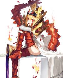  blonde_hair boots crown dragon_tail elbow_gloves fate/grand_order fate_(series) female fire gloves gold_crown highres leg_up nero_claudius_(fate) pointed_crown queen_draco_(fate) queen_draco_(second_ascension)_(fate) red_eyes red_scales sitting solo su_ke234 tail thigh_boots 