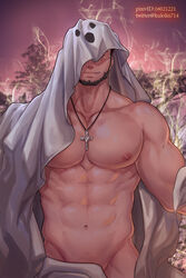  1boy abs avenger_(dungeon_and_fighter) bara bare_pectorals beard cloak cowboy_shot cross cross_necklace dungeon_and_fighter facial_hair ghost_costume ghost_print groin halloween_costume highres jewelry kulolin large_pectorals looking_at_viewer male_focus male_priest_(dungeon_and_fighter) male_pubic_hair mature_male muscular muscular_male naked_cloak navel necklace nipples pectorals pubic_hair pubic_hair_peek red_eyes seductive_smile sheet_ghost short_hair smile smirk solo stomach undressing 