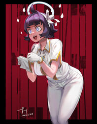  azazel_(helltaker) black_border black_hair border breasts dated eyebrows_hidden_by_hair female gloves hair_ribbon halo harusame_tsubaki helltaker highres holding holding_notepad holding_pen left-handed notepad open_mouth pants pen photoshop_(medium) purple_eyes red_background ribbon shirt short_hair short_sleeves signature solo sweat white_gloves white_pants white_shirt wing_collar 