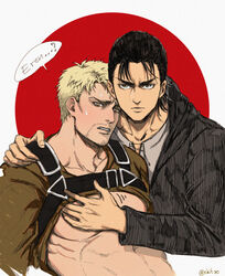  2boys abs absurdres aged_up areolae bad_id bad_twitter_id bara bare_pectorals chest_belt clothes_lift ekit70 english_text eren_yeager facial_hair goatee grabbing highres large_pectorals lifting_another&#039;s_clothes male_focus motion_lines multiple_boys muscular muscular_male navel pectoral_grab pectorals reiner_braun shingeki_no_kyojin shirt_lift short_hair sideburns sweatdrop upper_body yaoi 