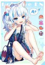  :d a_(phrase) animal_ear_fluff animal_ears bad_id bad_pixiv_id bag barefoot blue_eyes blue_hair blue_nails blue_skirt blunt_bangs bubba_(watson_amelia) buttons cat_ears commentary copyright_name cube_hair_ornament death-sensei_(mori_calliope) feet female fingernails fins fish_tail frilled_sleeves frills full_body gawr_gura gawr_gura_(casual) grey_hair hair_ornament handbag highres hololive hololive_english instagram_username kotori_(takanashi_kiara) lerome looking_at_viewer medium_hair milestone_celebration miniskirt multicolored_hair nail_polish shark_girl shark_tail sharp_fingernails sharp_teeth shirt short_sleeves side_ponytail sidelocks skirt skirt_set smile soles solo streaked_hair suspenders symbol-only_commentary tail takodachi_(ninomae_ina&#039;nis) teeth toes virtual_youtuber white_shirt 