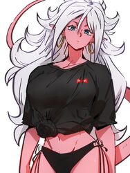  android_21 bikini bikini_bottom_only black_bikini black_shirt blue_eyes colored_skin commentary_request dragon_ball dragon_ball_fighterz earrings female hair_between_eyes hoop_earrings jewelry kemachiku light_persona long_hair looking_at_viewer majin_android_21 navel pink_skin red_ribbon_army shirt simple_background solo swimsuit tail tied_shirt white_background white_hair 