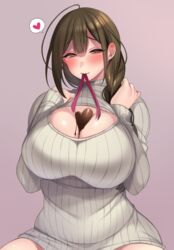  ahoge biting blush braid breasts brown_eyes brown_hair chocolate chocolate_on_body chocolate_on_breasts cleavage cleavage_cutout clothing_cutout commentary ear_blush eryu_kamemura female food_on_body hair_over_shoulder heart highres idolmaster idolmaster_shiny_colors kuwayama_chiyuki large_breasts long_hair meme_attire open-chest_sweater red_ribbon ribbed_sweater ribbon single_braid solo sweater turtleneck turtleneck_sweater white_sweater 