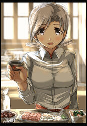  alcohol blouse breasts chitose_(kancolle) cup female fish_(food) food grey_hair hair_ribbon highres holding holding_cup kantai_collection large_breasts long_hair looking_at_viewer pov_across_table ribbon sake sashimi seitei_(04seitei) shirt signature smile tokkuri 