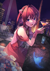  alcohol ange_katrina ange_katrina_(3rd_costume) bar_(place) bar_stool bare_shoulders bottle bow bug butterfly chair city commentary cup dress drinking_glass female fingerless_gloves flower from_side gloves hair_intakes hairbow highres holding holding_cup indoors jewelry lace lace_gloves looking_at_viewer necklace night nijisanji open_mouth purple_eyes red_dress red_gloves red_hair short_hair signature sitting solo stool table tarayuki virtual_youtuber window 