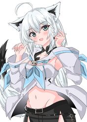  absurdres ahoge amanotti_01 animal_ears black_shorts blush braid breasts detached_sleeves female fox_ears fox_girl fox_tail grey_eyes highres hololive hood hoodie long_hair looking_at_viewer medium_breasts navel open_mouth shirakami_fubuki shirakami_fubuki_(1st_costume) shorts single_braid smile solo tail virtual_youtuber white_hair white_hoodie white_sleeves 