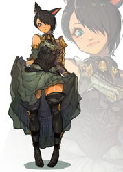  :o animal_ears armor belt black_hair blue_eyes boots clothes_lift corset dark_skin dress dress_lift female final_fantasy final_fantasy_xiv freckles hair_over_one_eye halterneck hide_(hideout) highres lips miqo&#039;te pauldrons shoulder_armor smile thigh_boots thighhighs warrior_of_light_(ff14) white_background 