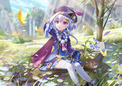  bead_necklace beads black_footwear braid braided_ponytail bug butterfly coin_hair_ornament female flower genshin_impact grass hair_ornament hand_on_headwear hat highres holding holding_flower jewelry jiangshi maica_sunahara necklace ofuda outdoors pink_eyes purple_hat qingdai_guanmao qiqi_(genshin_impact) sitting solo talisman thighhighs tree violetgrass white_thighhighs wide_sleeves yellow_butterfly 