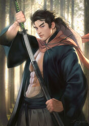  1boy abs artist_name bandages bara bare_pectorals belt black_hair closed_mouth commentary day forked_eyebrows genji_(overwatch) hakama hakama_pants hat hat_on_back holding holding_sheath holding_weapon japanese_clothes katana looking_at_viewer male_focus midriff_sarashi muscular muscular_male open_clothes outdoors overwatch overwatch_1 pants pectorals ponytail red_scarf ronin samurai sarashi scarf sheath short_hair solo sword symbol-only_commentary unsheathing weapon zeilyanart 