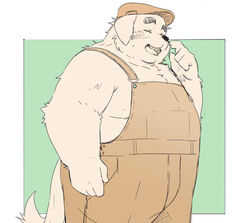  2020 anthro belly black_nose blush canid canine canis closed_eyes clothing domestic_dog hat headgear headwear humanoid_hands inunoshippo kemono male mammal overalls overweight overweight_anthro overweight_male simple_background solo 