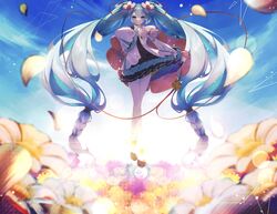  aqua_eyes aqua_hair bad_id bad_pixiv_id blue_sky blush commentary_request day dress female floating flower full_body hair_between_eyes hair_ornament hatsune_miku highres long_hair long_sleeves looking_at_viewer magical_mirai_(vocaloid) magical_mirai_miku magical_mirai_miku_(2021) multicolored_background nuko_0108 petals sky solo teeth twintails very_long_hair vocaloid wide_sleeves 