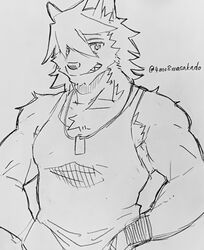  2022 anthro artist_name black_and_grey canid canine canis chest_tuft clothing domestic_dog grey_background hair hands_on_hips hi_res husky kouya_(morenatsu) male mammal masakado monochrome morenatsu muscular muscular_anthro muscular_male nordic_sled_dog sharp_teeth shirt simple_background smile solo spitz tank_top teeth topwear tuft wristband 