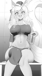  absurdres alternate_costume animal_ears arknights bad_id bad_twitter_id bottle breasts crop_top female greyscale hat highres holding holding_bottle horse_ears horse_girl horse_tail kingdom_of_kazimierz_logo midriff monochrome navel ribbon sally_(luna-arts) sitting solo sports_bikini stomach tail thick_eyebrows whislash_(arknights) 