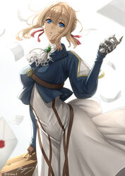  ascot blonde_hair blue_eyes blue_jacket braid brooch brown_gloves commentary_request dress eiwa envelope female flying_paper gloves green_brooch hair_intakes hair_ribbon highres jacket jewelry mechanical_hands necklace paper prosthesis prosthetic_hand red_ribbon ribbon single_mechanical_hand skirt solo suitcase violet_evergarden violet_evergarden_(series) white_ascot white_background white_skirt 