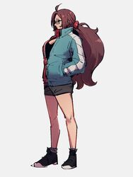  android_21 black_footwear black_shorts blue_jacket breasts cleavage commentary_request dragon_ball dragon_ball_fighterz female full_body glasses grey_background hand_in_pocket jacket kemachiku long_hair looking_away ponytail red_hair shoes shorts simple_background solo standing 