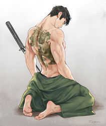  1boy artist_name back back_tattoo bara black_hair closed_mouth dragon_tattoo feet genji_(overwatch) green_hakama hakama hakama_pull japanese_clothes katana kneeling looking_down male_focus muscular muscular_male nipples overwatch overwatch_1 pectorals scar scar_on_arm short_hair sideburns simple_background solo sword tattoo topless_male weapon zeilyanart 